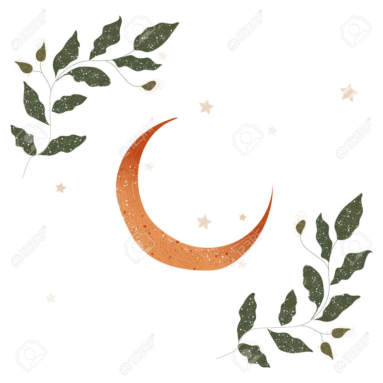 花の月のクリップアート。月の満ち欠けと花がセット。三日月の花を  