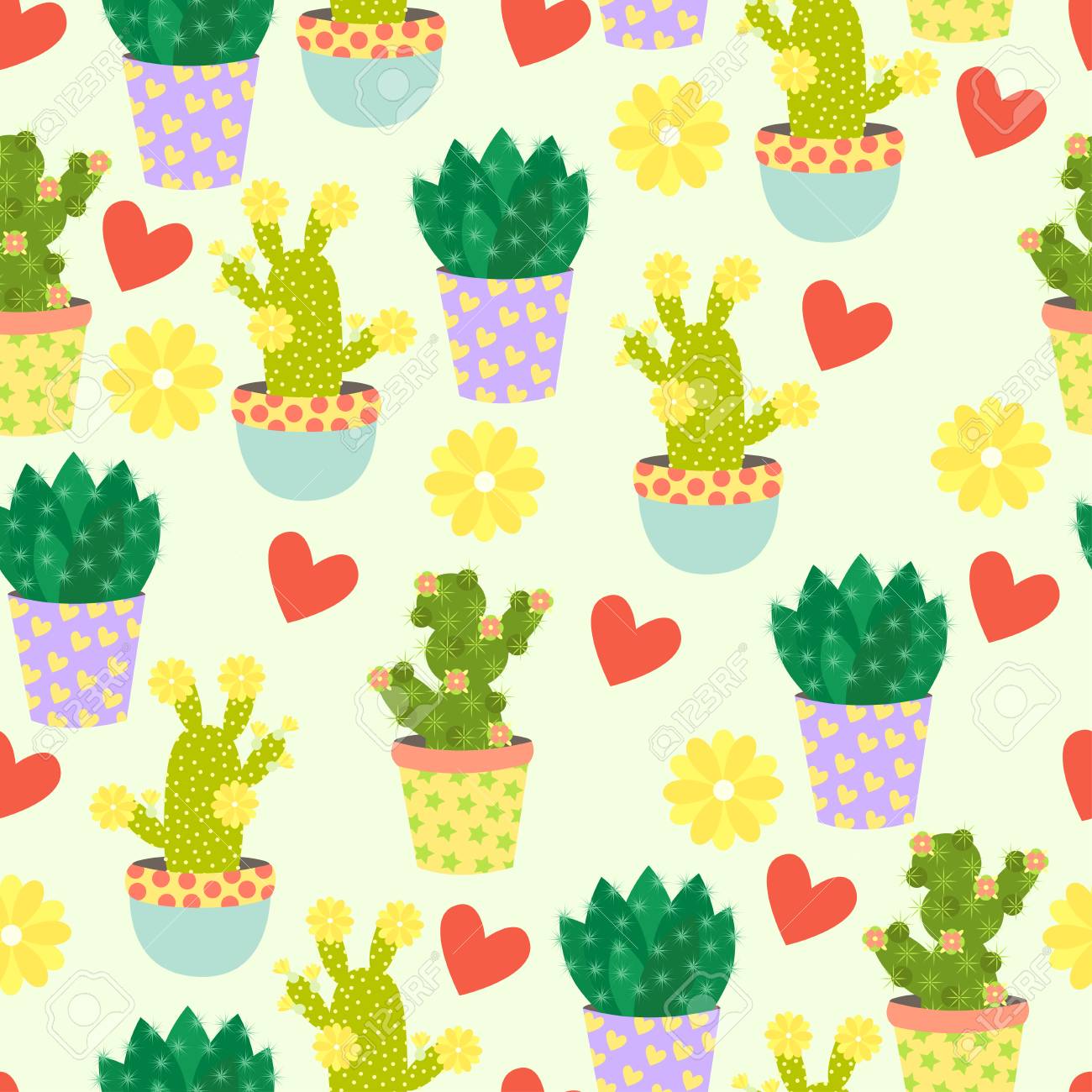 かわいいサボテン 花の心とのシームレスなパターン メキシコ サボテン シームレスな印刷 サボテンとクリーム色の背景に花かわいいパターン のイラスト素材 ベクタ Image