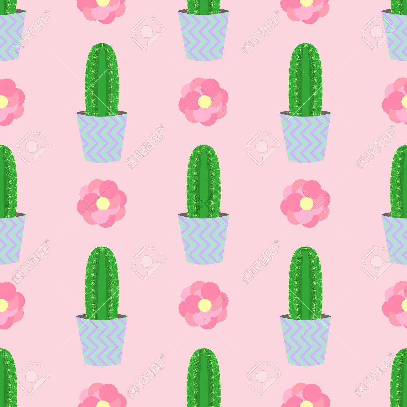 サボテンと緑とピンクの背景にピンクの花のシームレスなパターン かわいいサボテン 植木鉢 のイラスト素材 ベクタ Image