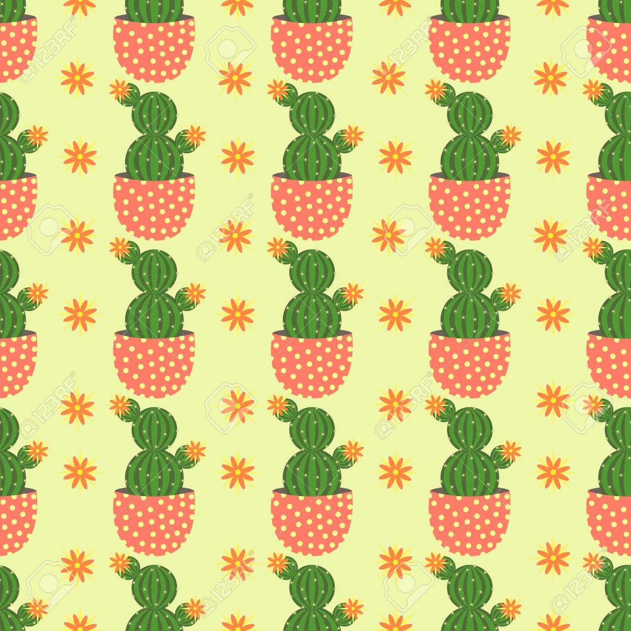 かわいいサボテンとのシームレスなパターン メキシコ サボテン シームレスな印刷 クリーム色の背景に花とサボテンかわいいパターン のイラスト素材 ベクタ Image