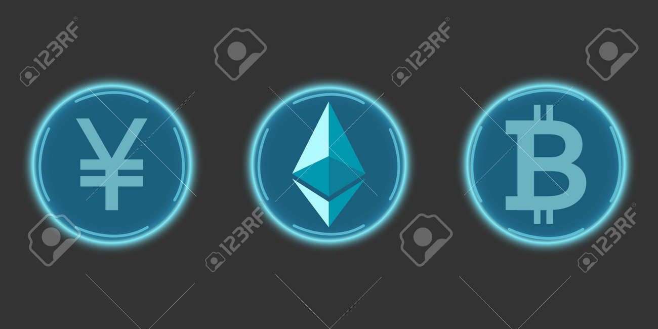 회색 배경에 파란색으로 표시된 중국 위안화, 비트코인, 이더리움. 디지털 통화 기호. 기술 네트워크 벡터 일러스트입니다. 암호화폐,  가상전자화폐, 인터넷 로열티 무료 사진, 그림, 이미지 그리고 스톡포토그래피. Image 170340557