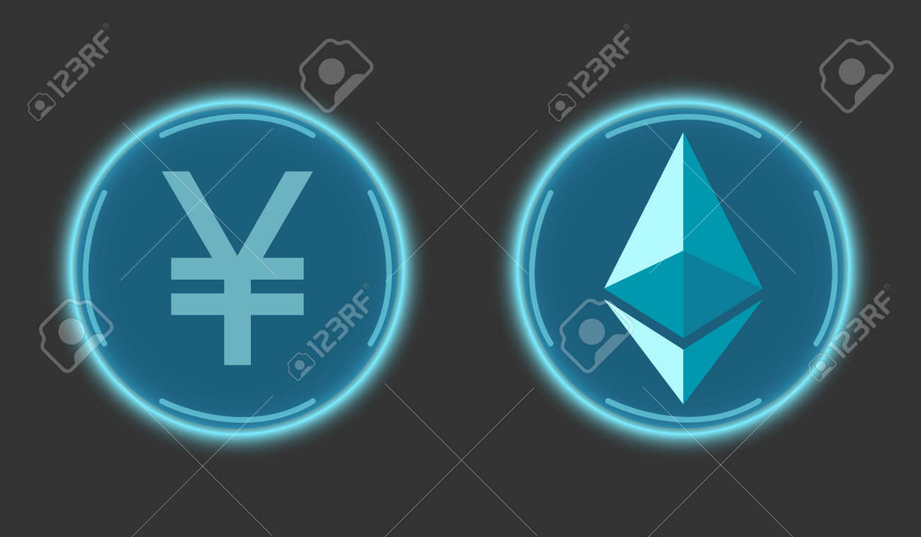灰色の背景に青の暗号通貨人民元とイーサリアム。デジタル通貨記号。技術ネットワークのベクトル図。仮想電子マネー、インターネットマネー。のイラスト素材・ベクター  Image 170340559