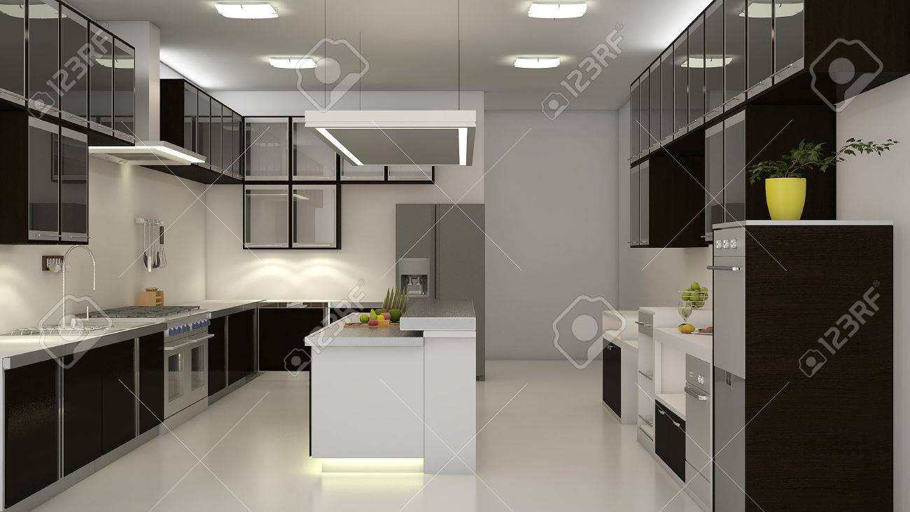 Modern Clean White Kitchen With Center Nook 3d Rendering Stock Modern Clean White Kitchen With Center Nook 3d Rendering Stock