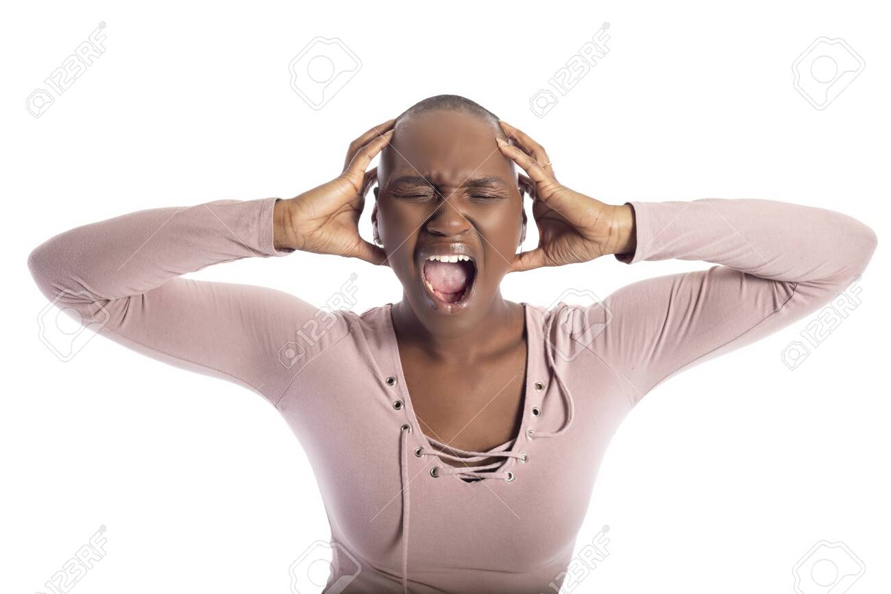 Black African American Female Model With Bald Hairstyle Wearing