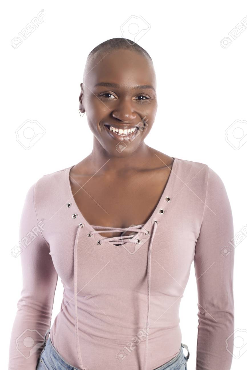 Black African American Female Model With Bald Hairstyle Wearing