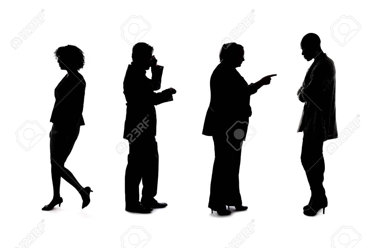 Silhouettes of a group of workers depicting a company or networking event. The businessmen and businesswomen are unrecognizable and anonymous and represents an office team or staff. - 143006629 Silhouettes of a group of workers depicting a company or networking event. The businessmen and businesswomen are unrecognizable and anonymous and represents an office team or staff. - 143006629