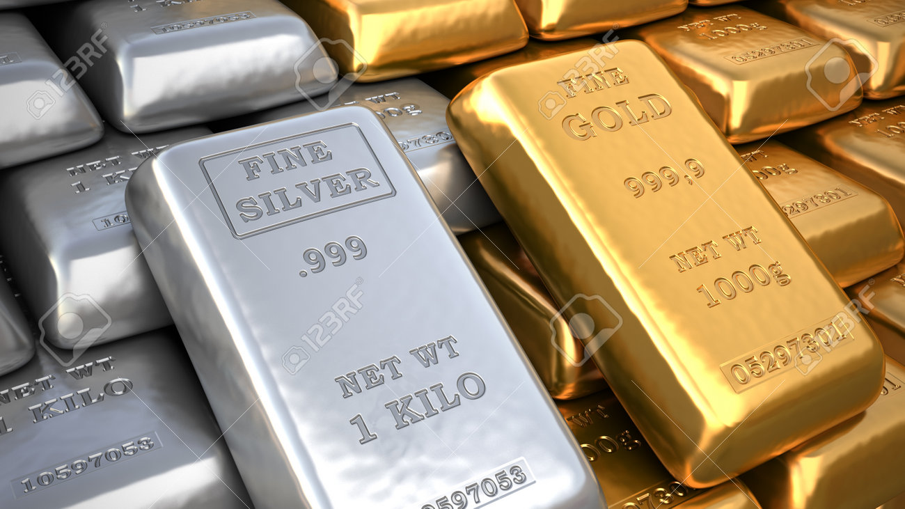 Lingote De Plata Y Lingotes De Oro. Ilustración De Finanzas Fotos ...