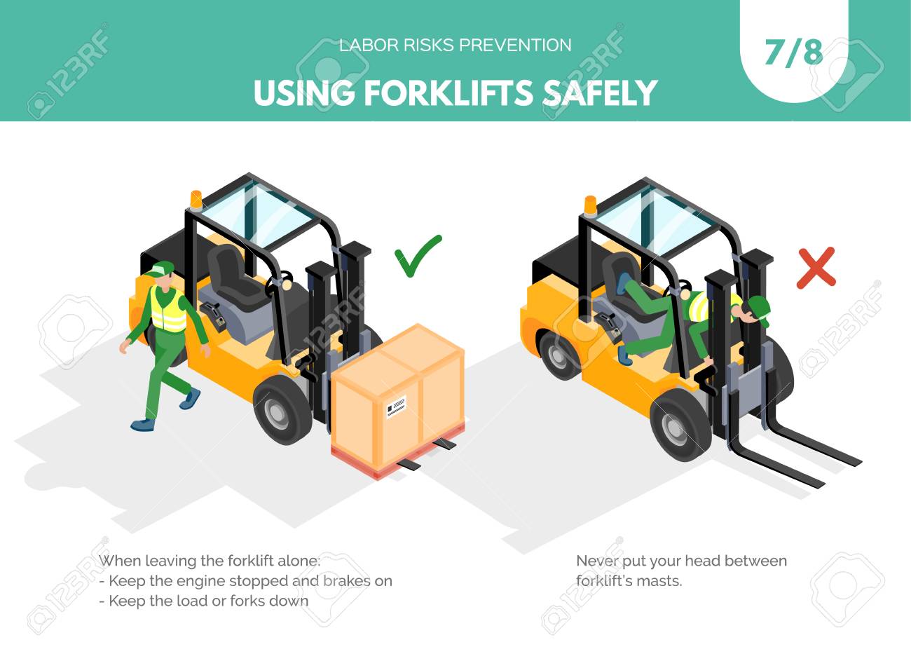 Recomendatios about using forklifts safely. Labor risks prevention concept. Isometric design isolated on white background. Vector illustration. Set 7 of 8 - 110390286 Recomendatios about using forklifts safely. Labor risks prevention concept. Isometric design isolated on white background. Vector illustration. Set 7 of 8 - 110390286