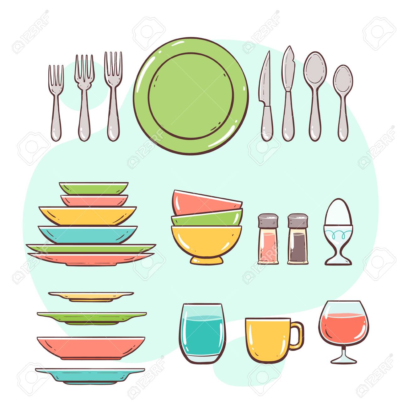 Kitchen Utensils. Plates, Glasses And Cutlery. Hand Drawn Colorful Style  Collection. Royalty Free SVG, Cliparts, Vectors, and Stock Illustration.  Image 150081908., image size:1300x1300