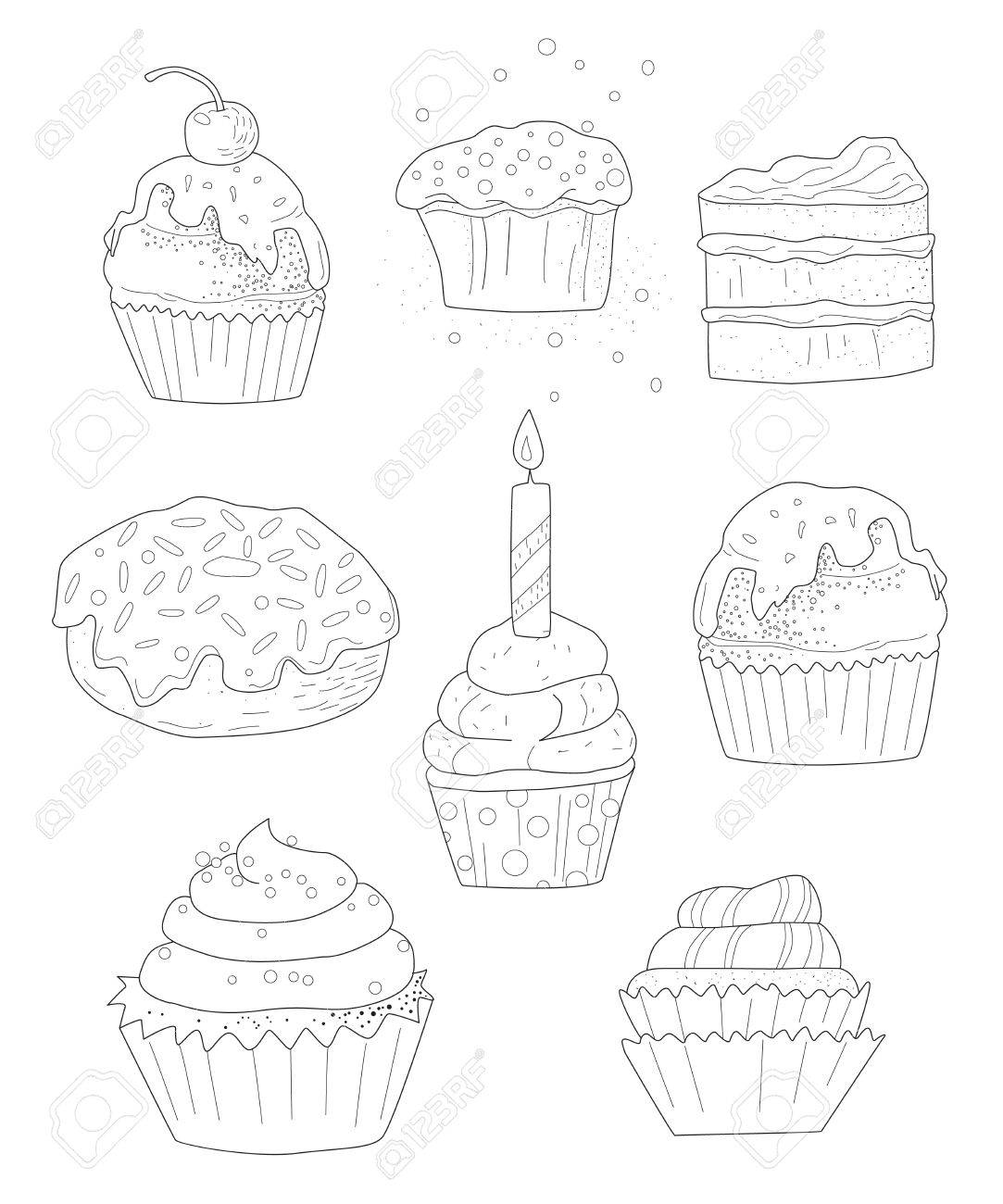 ページぬりえ 大人のための手描きのお菓子 ケーキのコレクション のイラスト素材 ベクタ Image