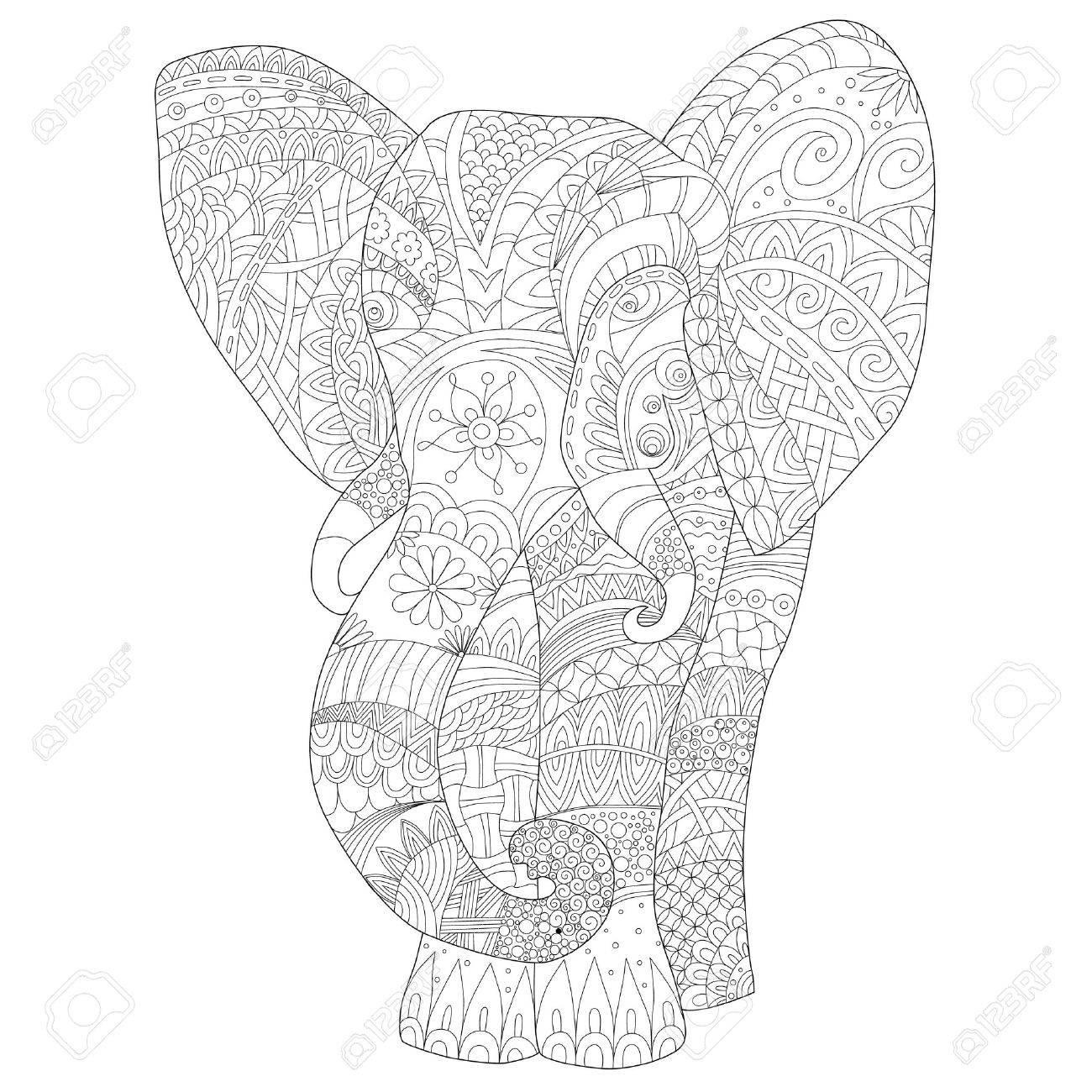 page coloring for adults hand drawn elephant zentangl style