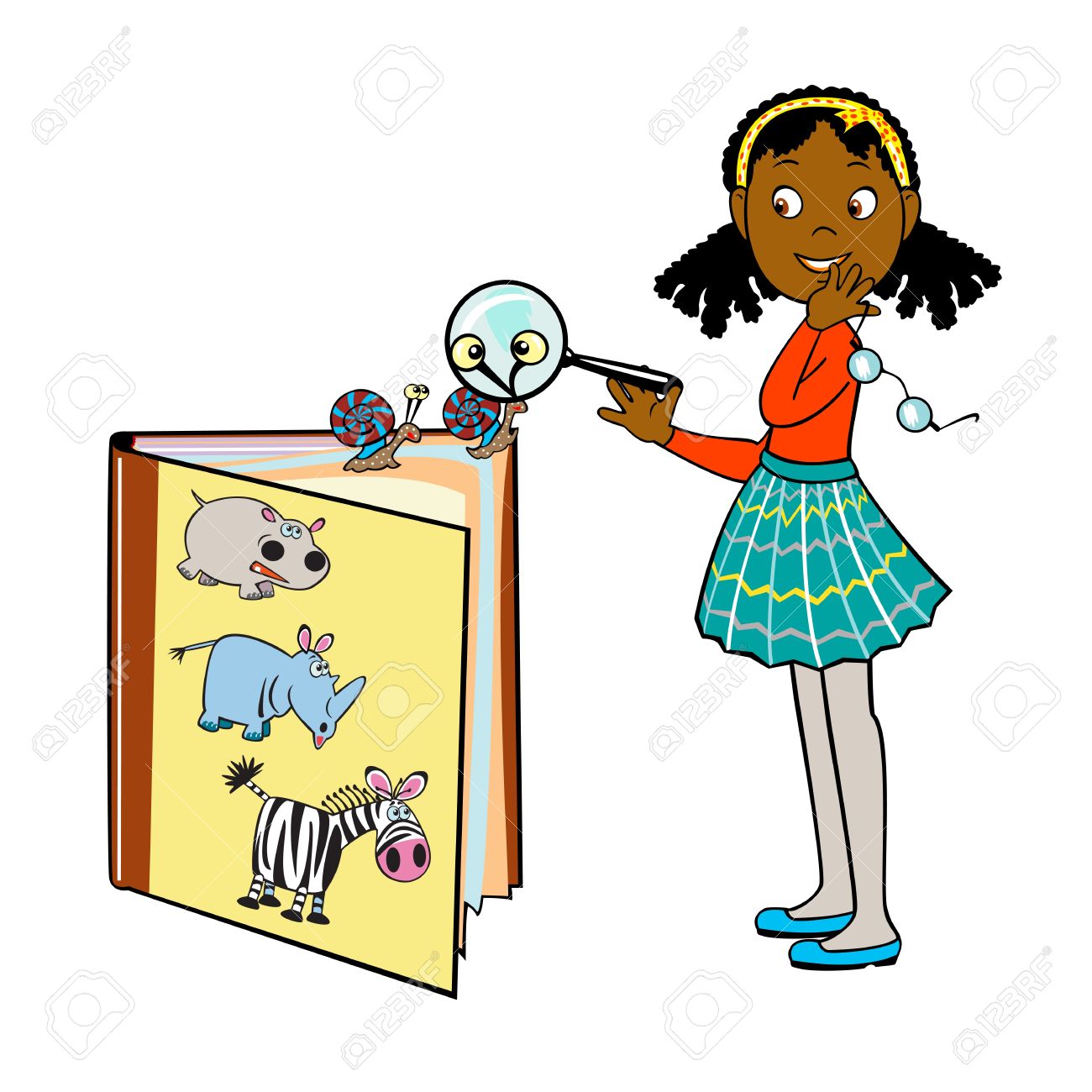 アフリカ動物の本を読んで少しアフロな女の子を立て 虫眼鏡 Ivector 画像子供イラスト白い背景で隔離の保持のイラスト素材 ベクタ Image