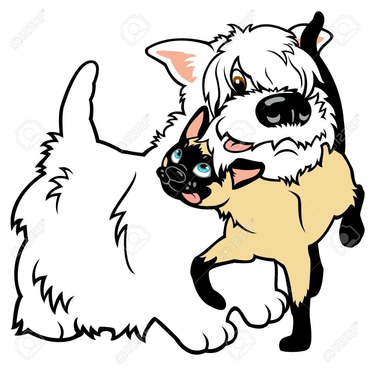 Dessin Animé West Highland White Terrier Chien Et Chat Siamois Illustration Vectorielle Isolé Sur Fond Blanc
