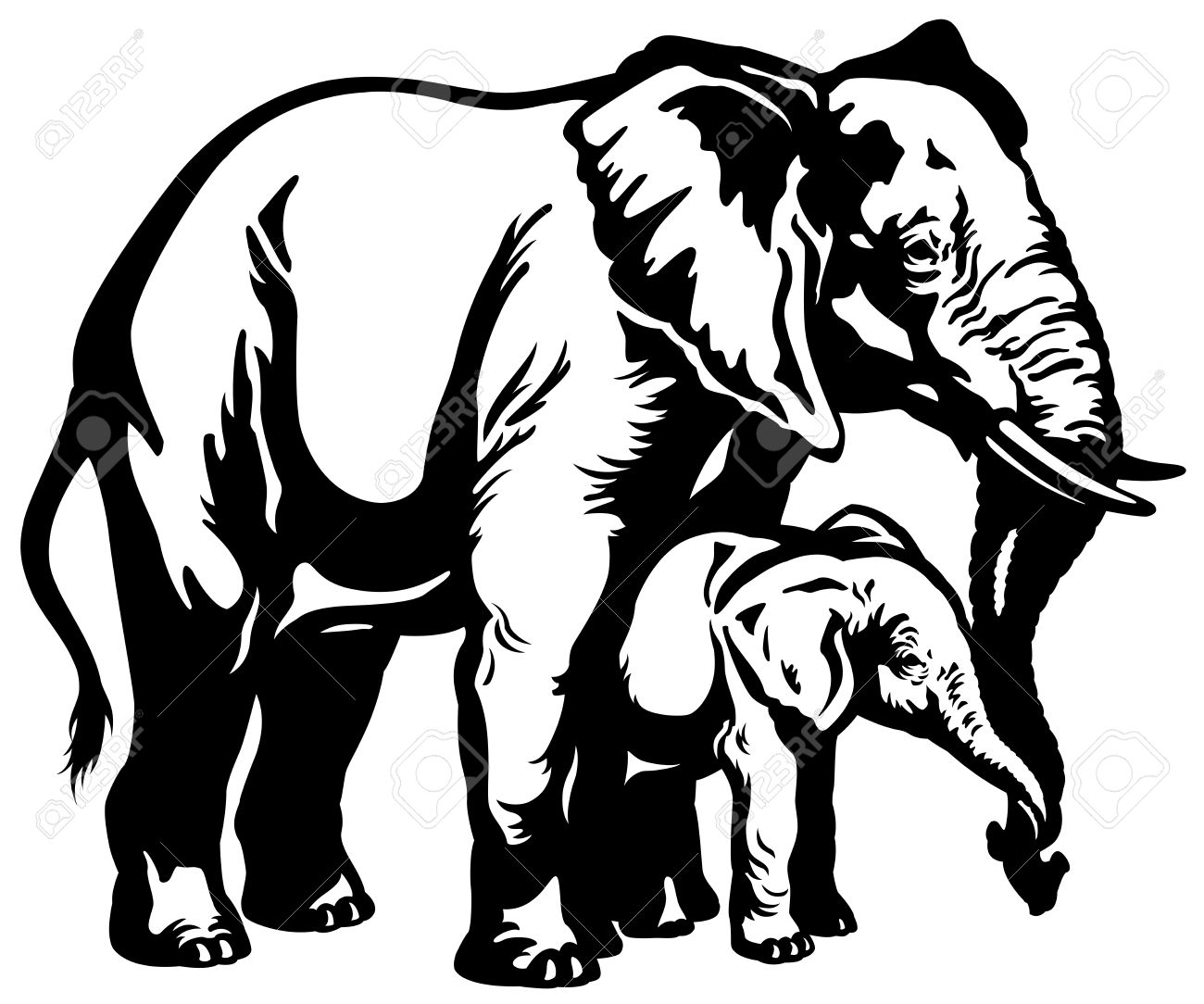 Mere D Elephant Africain Avec Bebe Illustration En Noir Et Blanc Clip Art Libres De Droits Vecteurs Et Illustration Image
