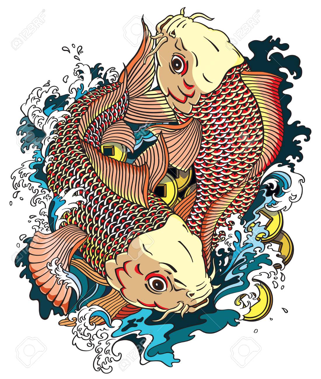 Two Japanese Carp Koi Gold Fishes In The Water Pool With Money Coins.  Japanese Style Tattoo Drawing Vector Illustration Royalty Free SVG,  Cliparts, Vectors, and Stock Illustration. Image 88192416., image size:1100x1300