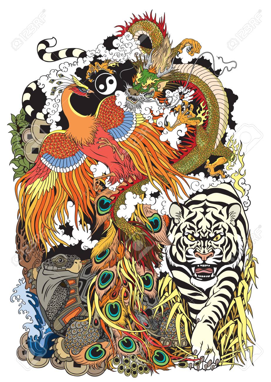 Symboles Animaux Feng Shui De Bonne Chance Dans La Mythologie Chinoise Illustration De Modèle De Conception