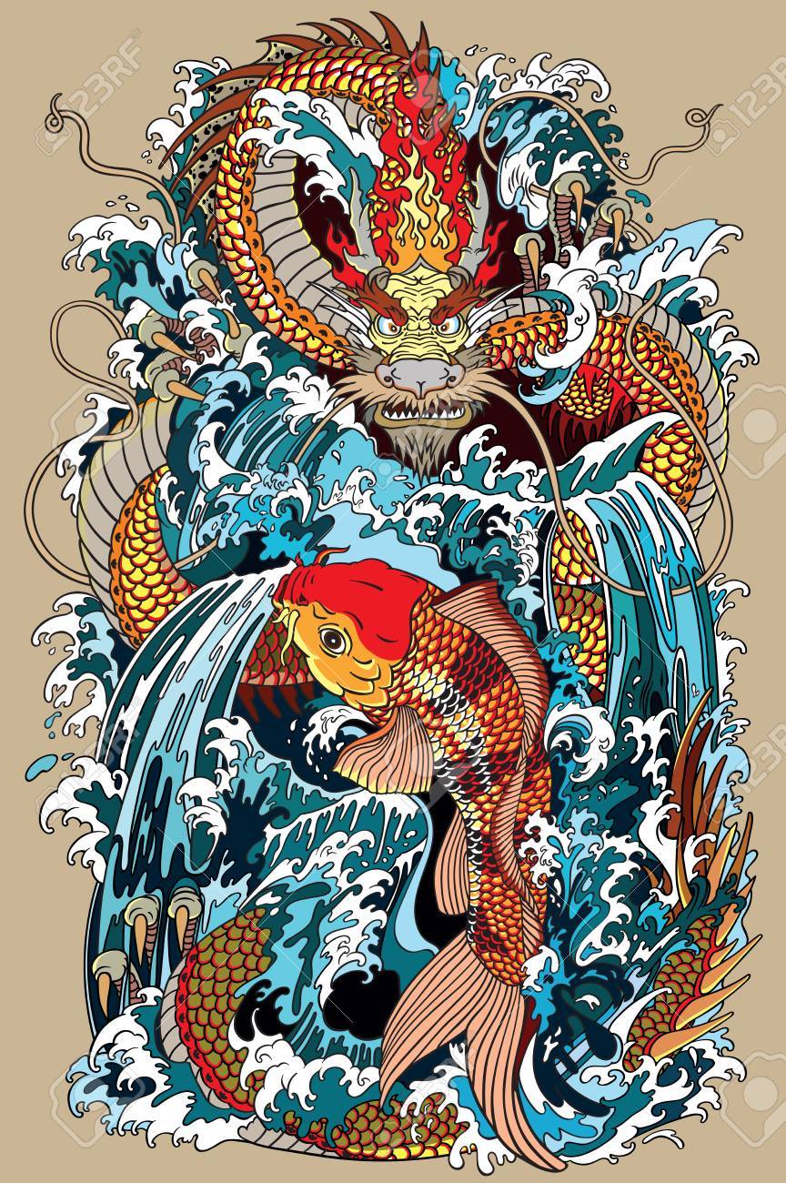 golden dragon and koi carp fish which is trying to reach the top of the waterfall. Tattoo style vector illustration according to ancient Chinese and Japanese myth - 90332649 golden dragon and koi carp fish which is trying to reach the top of the waterfall. Tattoo style vector illustration according to ancient Chinese and Japanese myth - 90332649