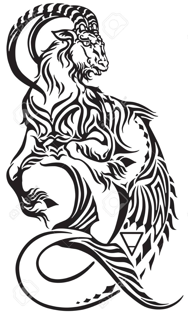Capricorn Zodiac Sign. Tribal Tattoo Style Mythological Creature.  Astrological Sea Goat Including Symbols Of Saturn Planet And Earth Royalty  Free SVG, Cliparts, Vectors, And Stock Illustration. Image 94314660.