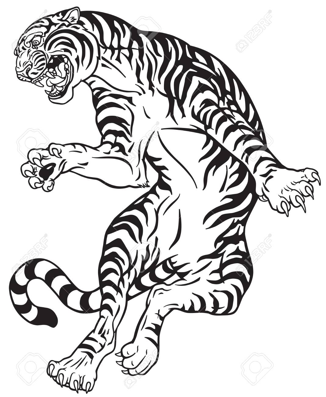 Angry Tiger In The Jump. Black And White Tattoo Style Vector Illustration  Royalty Free SVG, Cliparts, Vectors, and Stock Illustration. Image 94310641., image size:1068x1300