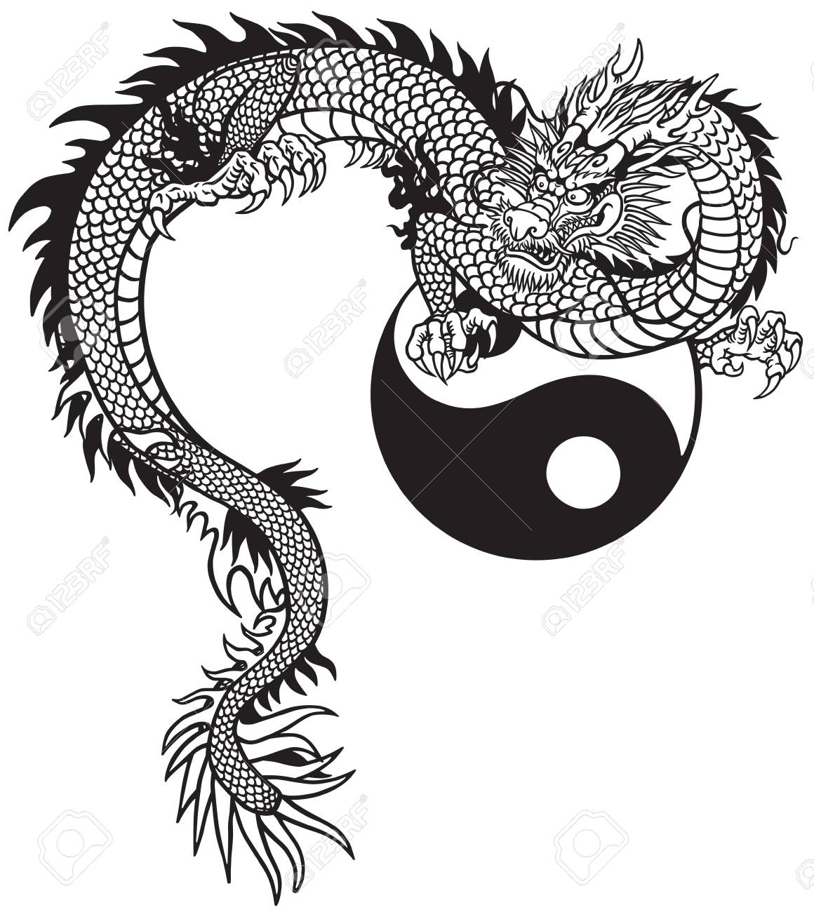 Eastern dragon and Yin Yang symbol. Black and white tattoo vector illustration - 106461786 Eastern dragon and Yin Yang symbol. Black and white tattoo vector illustration - 106461786