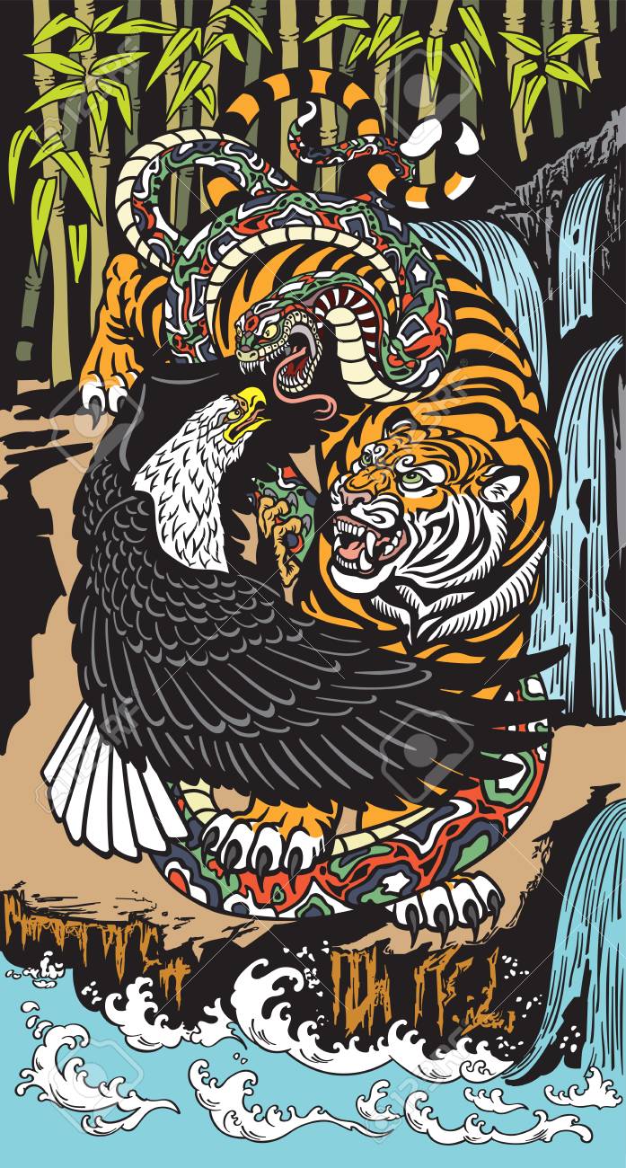 虎ワシとヘビの戦い。風景の中で野生の象徴的な動物。グラフィック