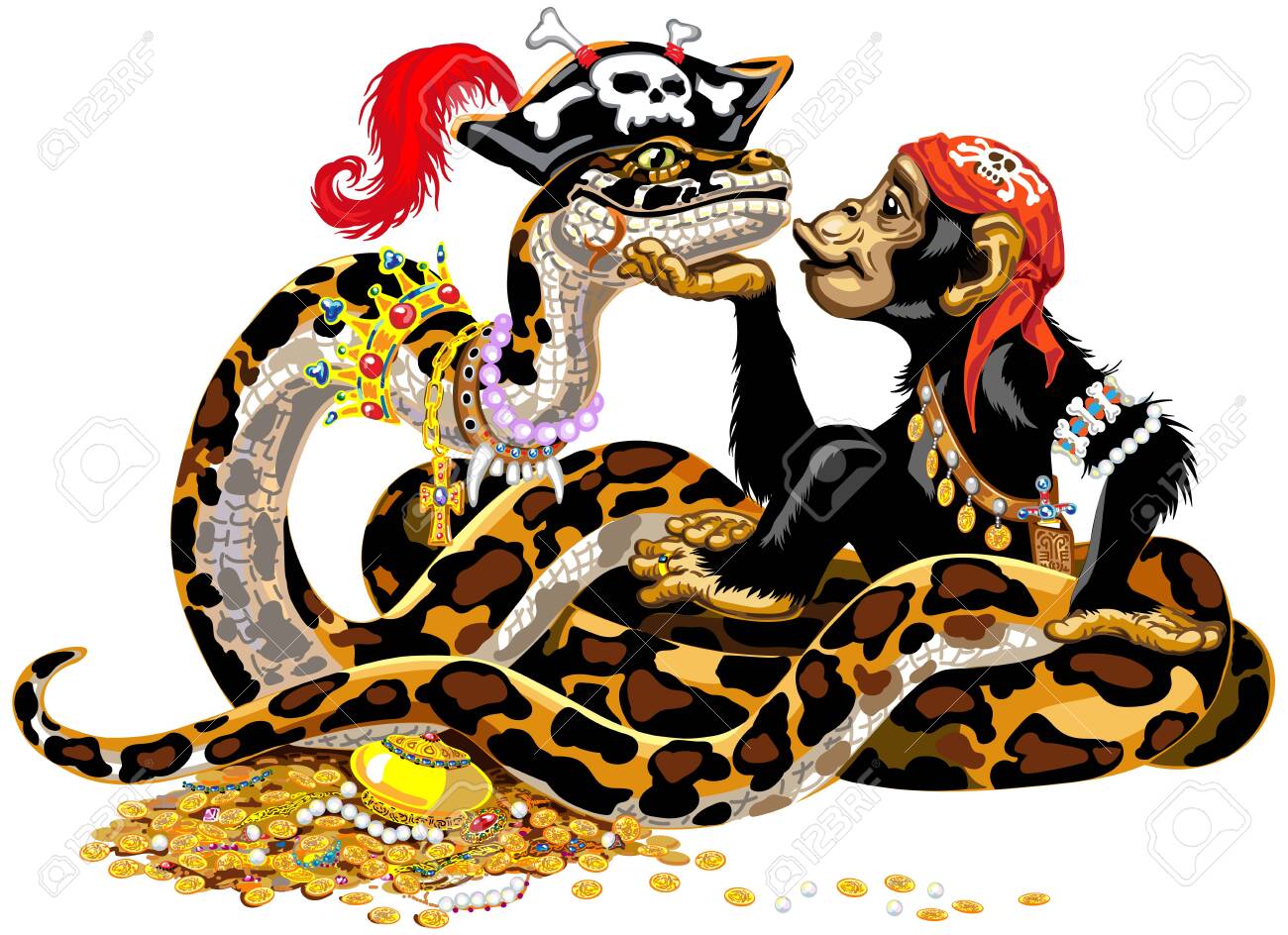 보물 근처에 만화 침팬지와 큰 뱀 해적. 큰 원숭이 또는 침팬지 원숭이와 금화와 보석 더미에 누워 황금 왕관과 진주 목걸이를 착용하는  Python Boa Constrictor. 격리 된 벡터 일러스트 레이 션 로열티 무료