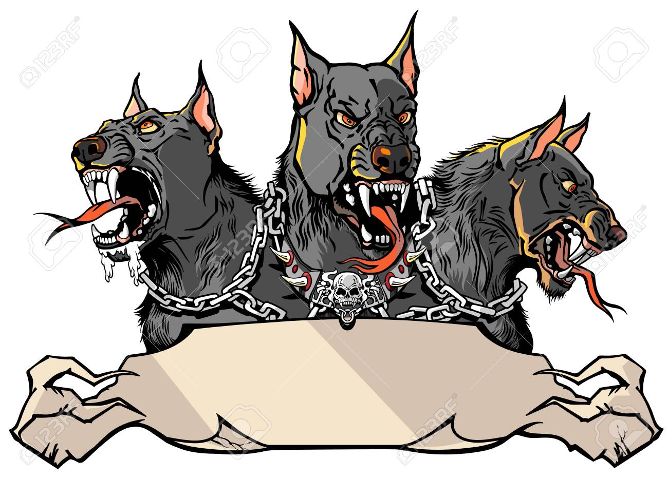 Cerberus bovennatuurlijke hond van de hel. mythologische drie koppige hond de bewaker van de toegang tot de hel. hond van hades. banner, embleem met lint roll. shirt ontwerp template. grafische stijl vector illustratie - 137574735 Cerberus bovennatuurlijke hond van de hel. mythologische drie koppige hond de bewaker van de toegang tot de hel. hond van hades. banner, embleem met lint roll. shirt ontwerp template. grafische stijl vector illustratie - 137574735