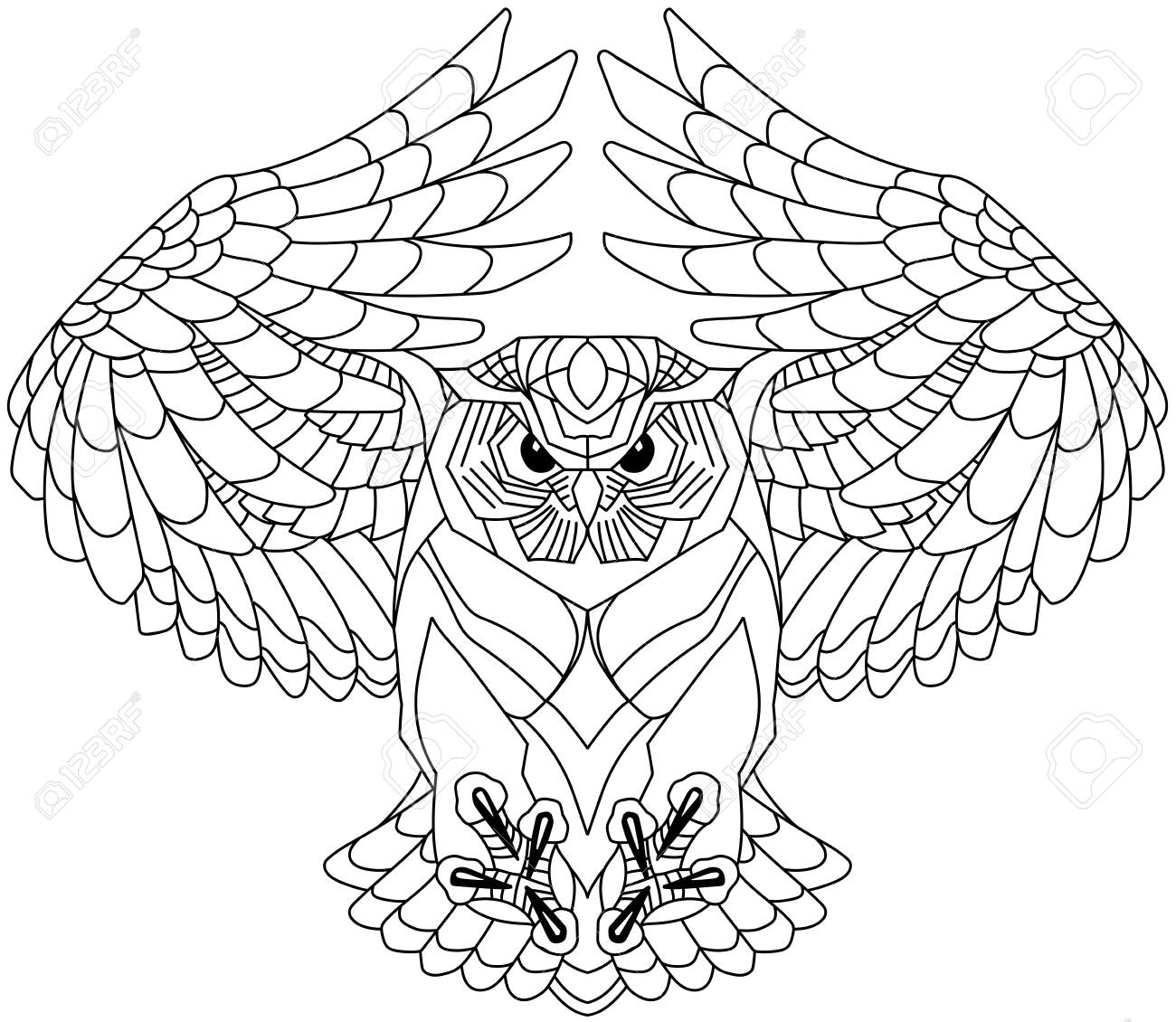 flying owl with open wings looking deep with a sharp gaze. Black and white outline tattoo. Front view vector illustration - 139486139 flying owl with open wings looking deep with a sharp gaze. Black and white outline tattoo. Front view vector illustration - 139486139