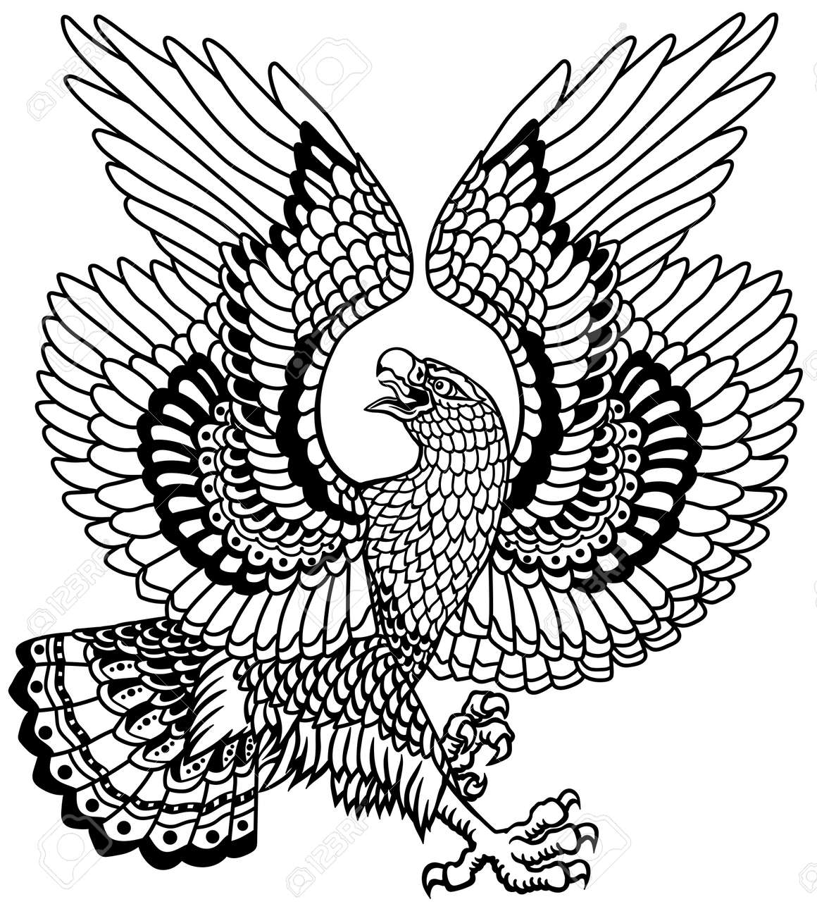Traditional Eagle Tattoo. Landing Down A Bald White-headed Bird With Open  Wings And A Head Turned In Profile. Black And White Isolated Vector  Illustration Royalty Free SVG, Cliparts, Vectors, And Stock Illustration.