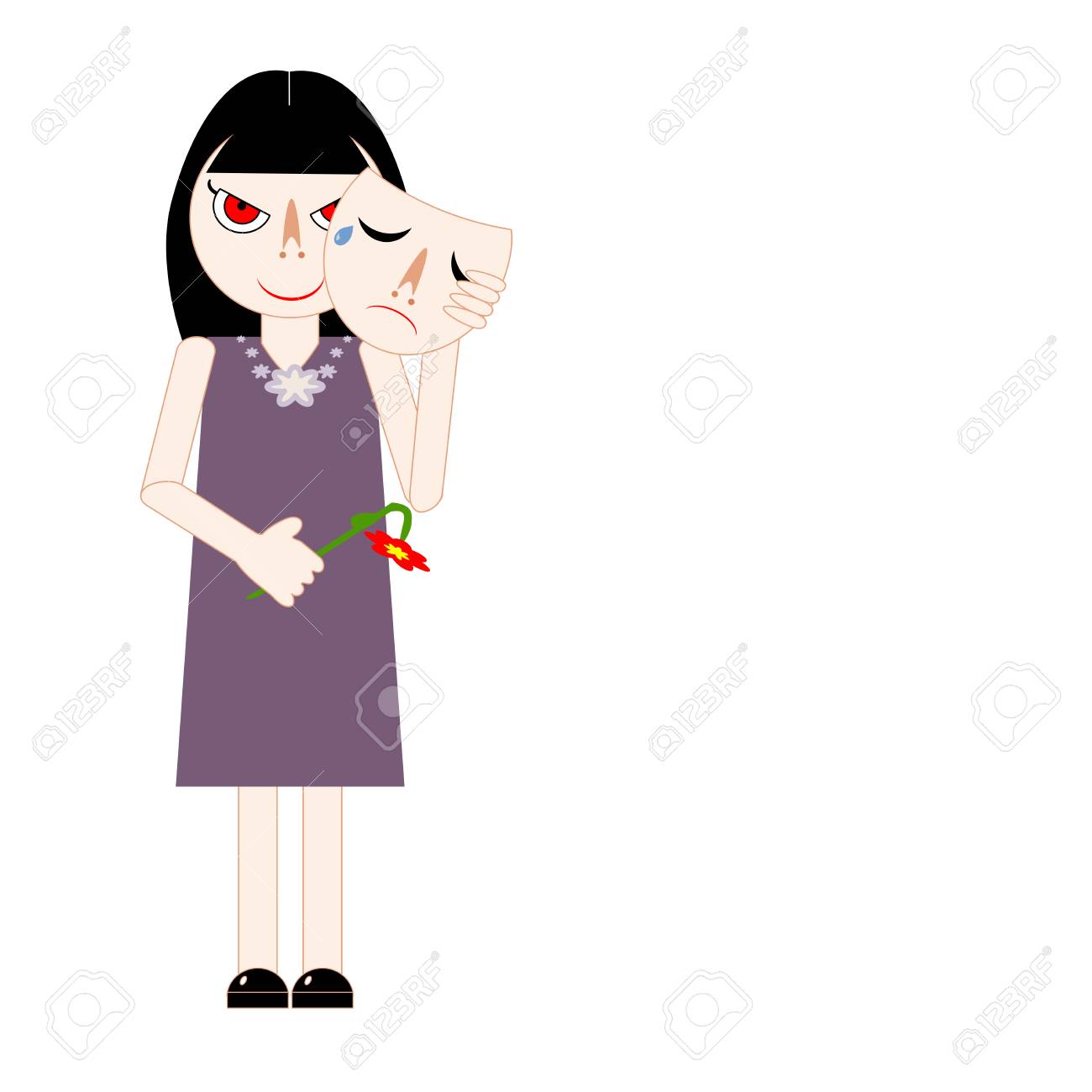 枯れた花を持ち 泣くふりをして 悲しい感情的な仮面の後ろにトリッキーな顔を隠す女性 ベクターの図 マスクを脱いで 彼女の本当の気持ちを明らかにする 不誠実な女性 偽善 偽物 巧妙さ うそつき ふりをするなどの概念のイラスト素材 ベクタ Image