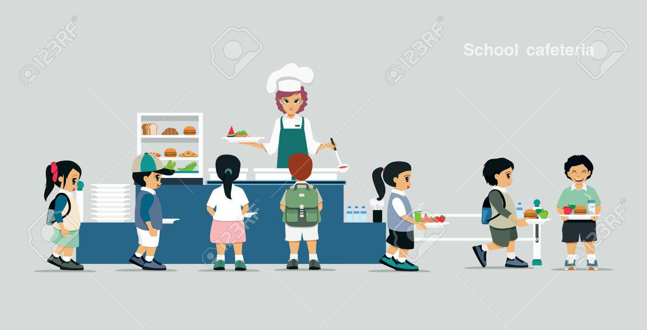 Students Stand In Line To Receive Food In The School Cafeteria. Royalty Free  SVG, Cliparts, Vectors, and Stock Illustration. Image 77755156., image size:1300x664