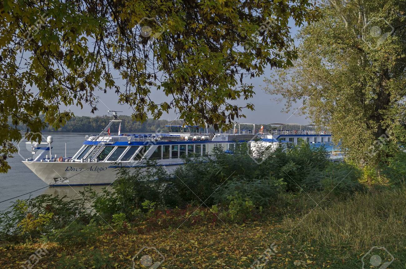 passenger cruise ship in ruse port at danube river bulgaria stock