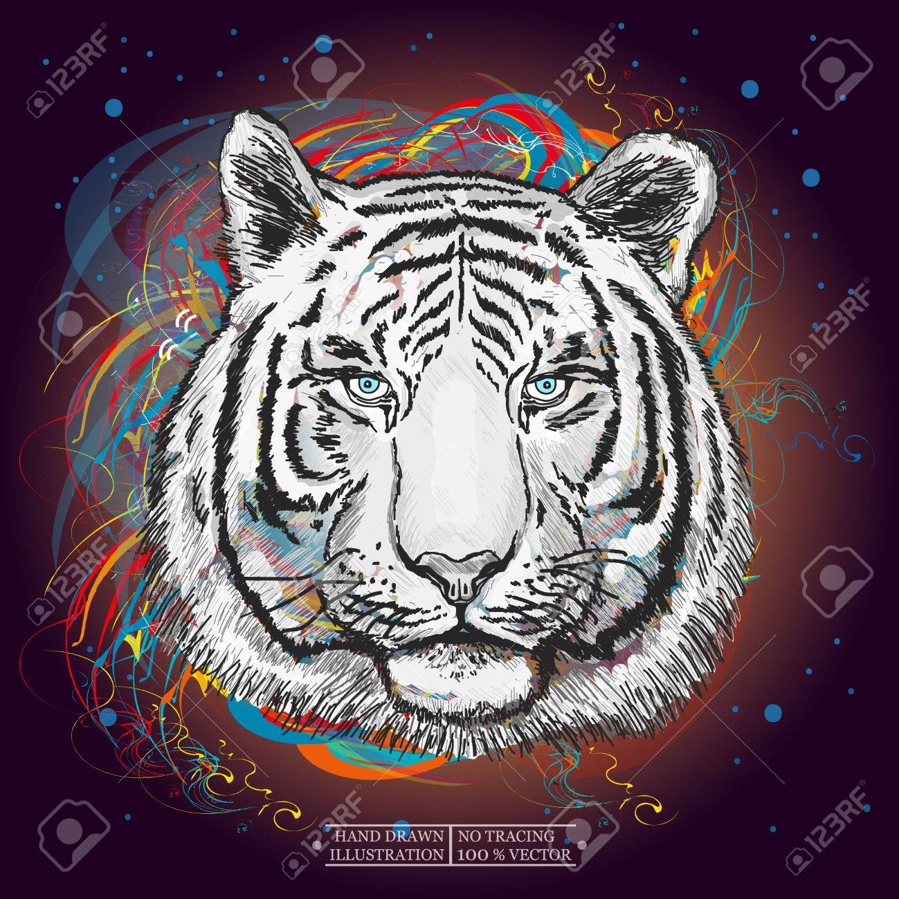 White tiger in outer space art print hand drawn animal illustration - 57464511 White tiger in outer space art print hand drawn animal illustration - 57464511