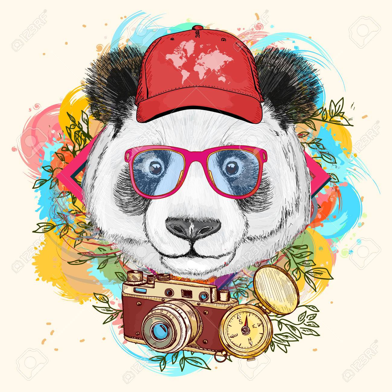 Panda hipster art print hand drawn animal illustration - 57464939 Panda hipster art print hand drawn animal illustration - 57464939