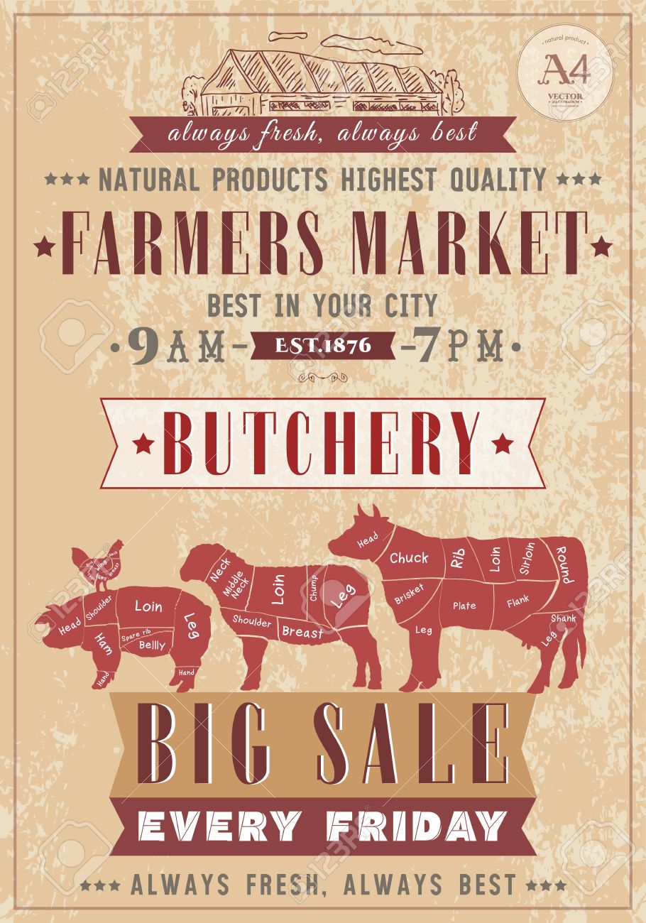 butcher shop vintage poster fresh meat beef pork lamb farm farm meat for sale flyer