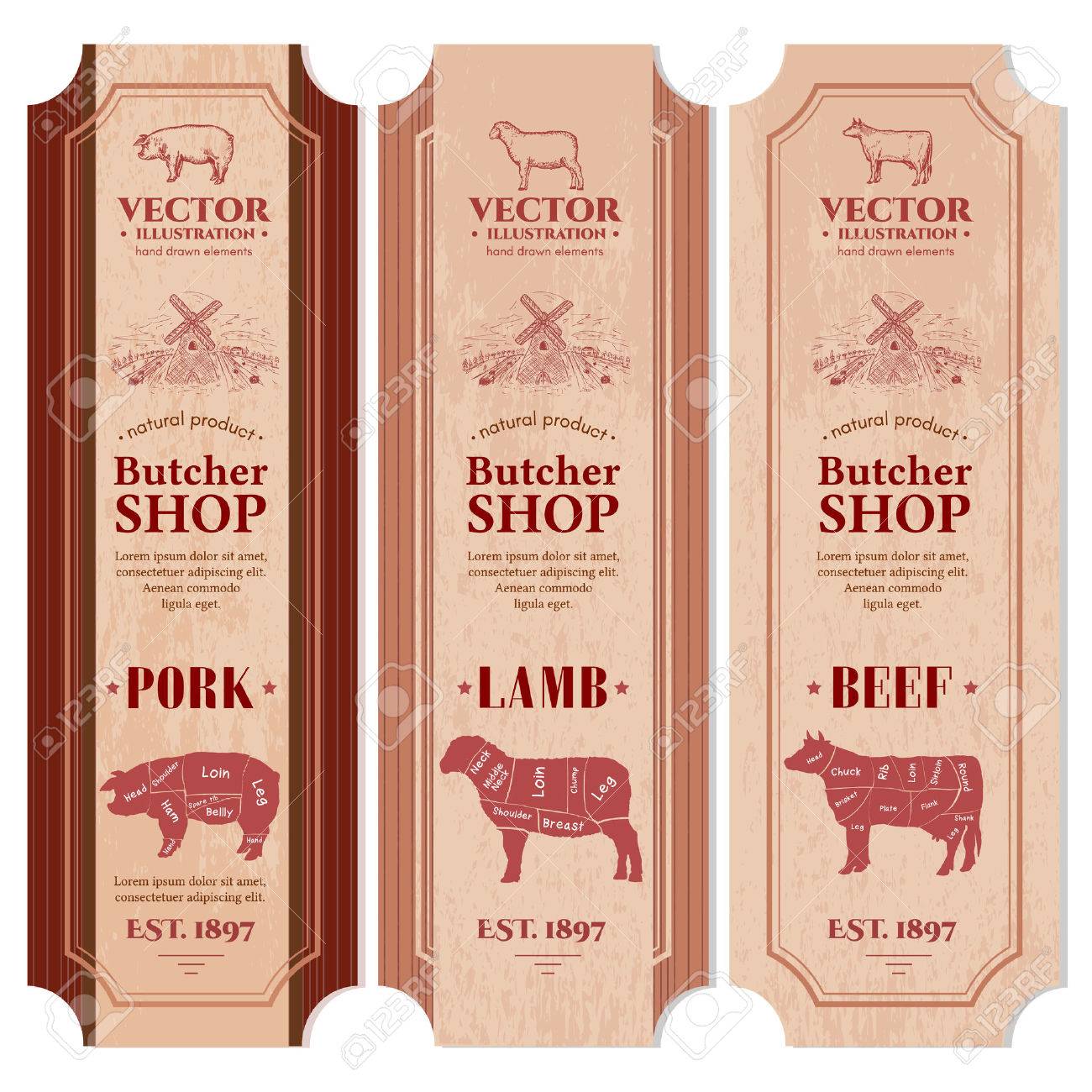 Butcher shop packaging design label fresh beef, pork, lamb vintage hand drawn vector - 63789055 Butcher shop packaging design label fresh beef, pork, lamb vintage hand drawn vector - 63789055