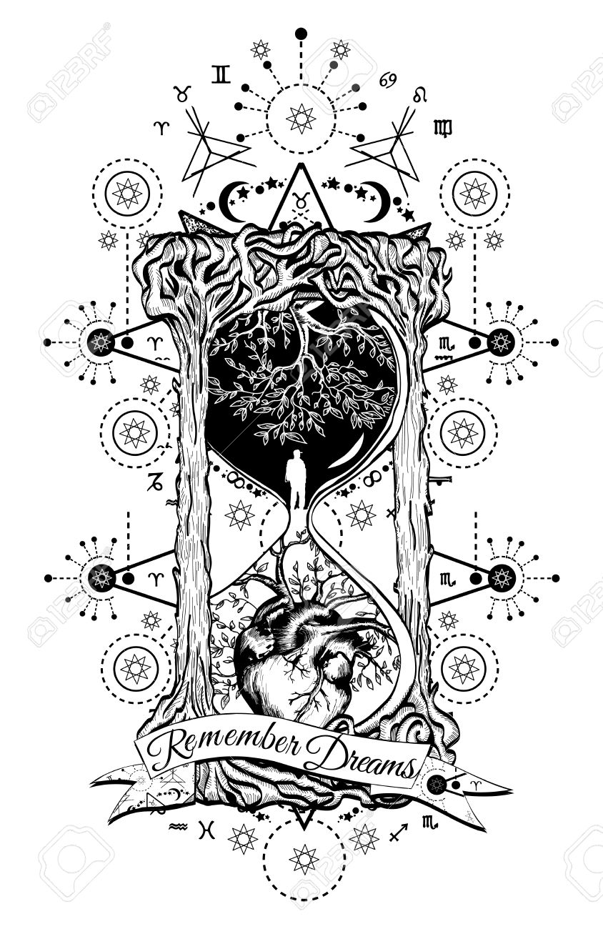 Baum Und Herz In Sanduhr Symbol Von Leben Und Tod Mystische Tatowierung Der Mensch In Der Sanduhr Tattoo Evergreen Herz Konzept Zeit Tatowierung Slogan Erinnern Traume Sanduhr Astrologische Symbole Tattoo Kunst Lizenzfrei Nutzbare Vektorgrafiken