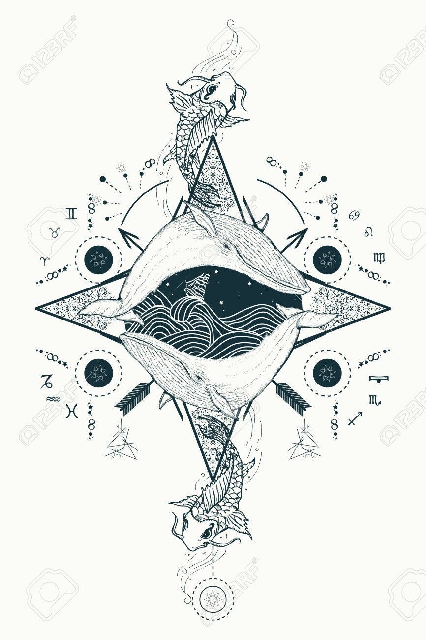 Two Whales In Sea Wind Rose Compass Mystical Tattoo Vector. Japanese Carp  In Water Tattoo. Travel, Adventure, Outdoors, Tattoo Symbol. Whale Tattoo  For Hipsters, Travelers. Storm At Sea Marine Tattoo Royalty Free, image size:866x1300