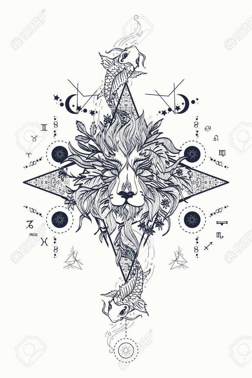 Mystic lion and carp, medieval astrological symbols, occult tattoo
