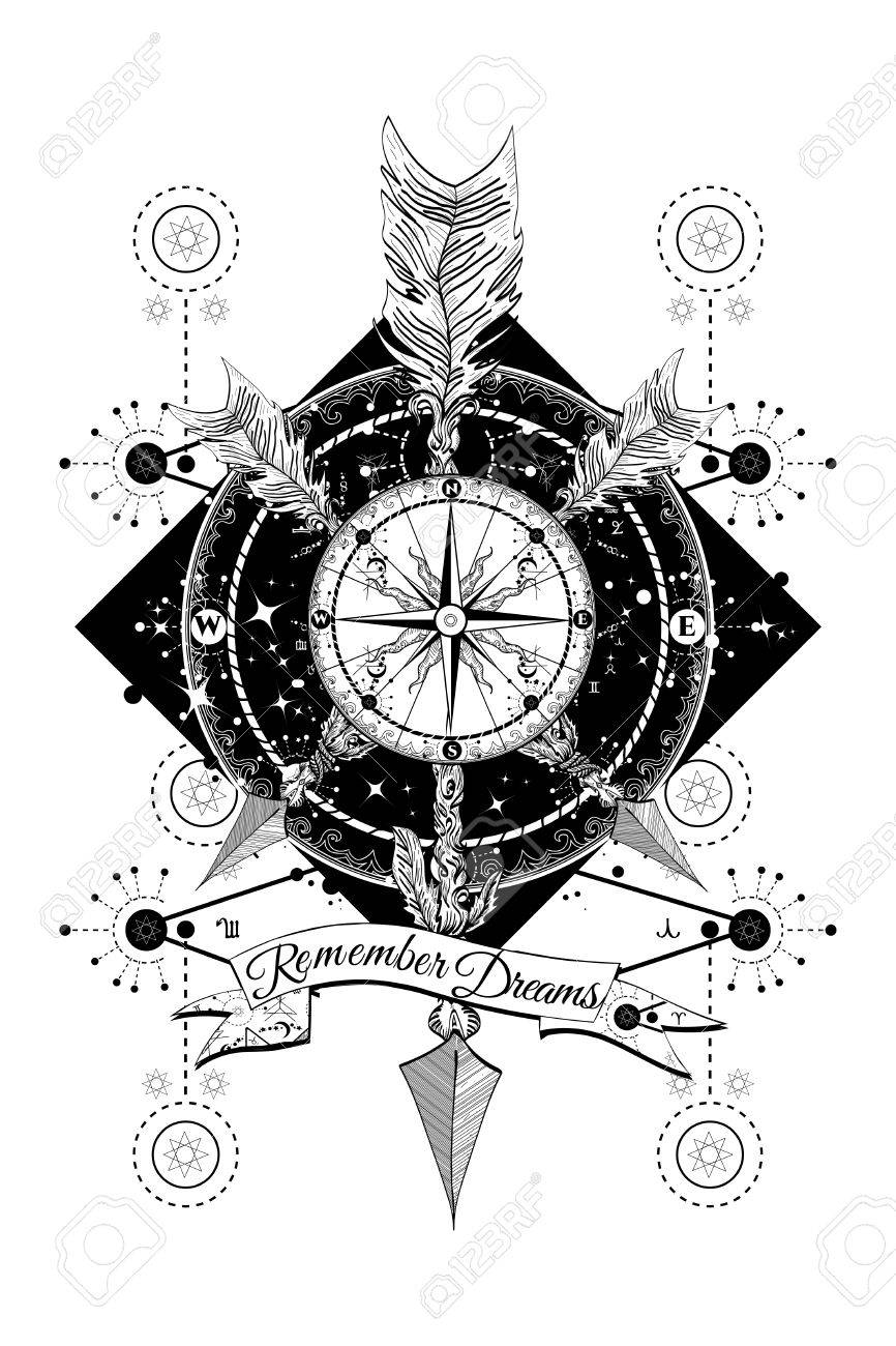 Rose Boussole Et Traverse Fleches Tatouage Style Boho Aventure Voyage Symboles Magiques Voyageur Reveur Chasse Astrologie Alchimie Meditation Tatouage Rose Art De La Boussole De Conception T Shirt Clip Art Libres De Droits