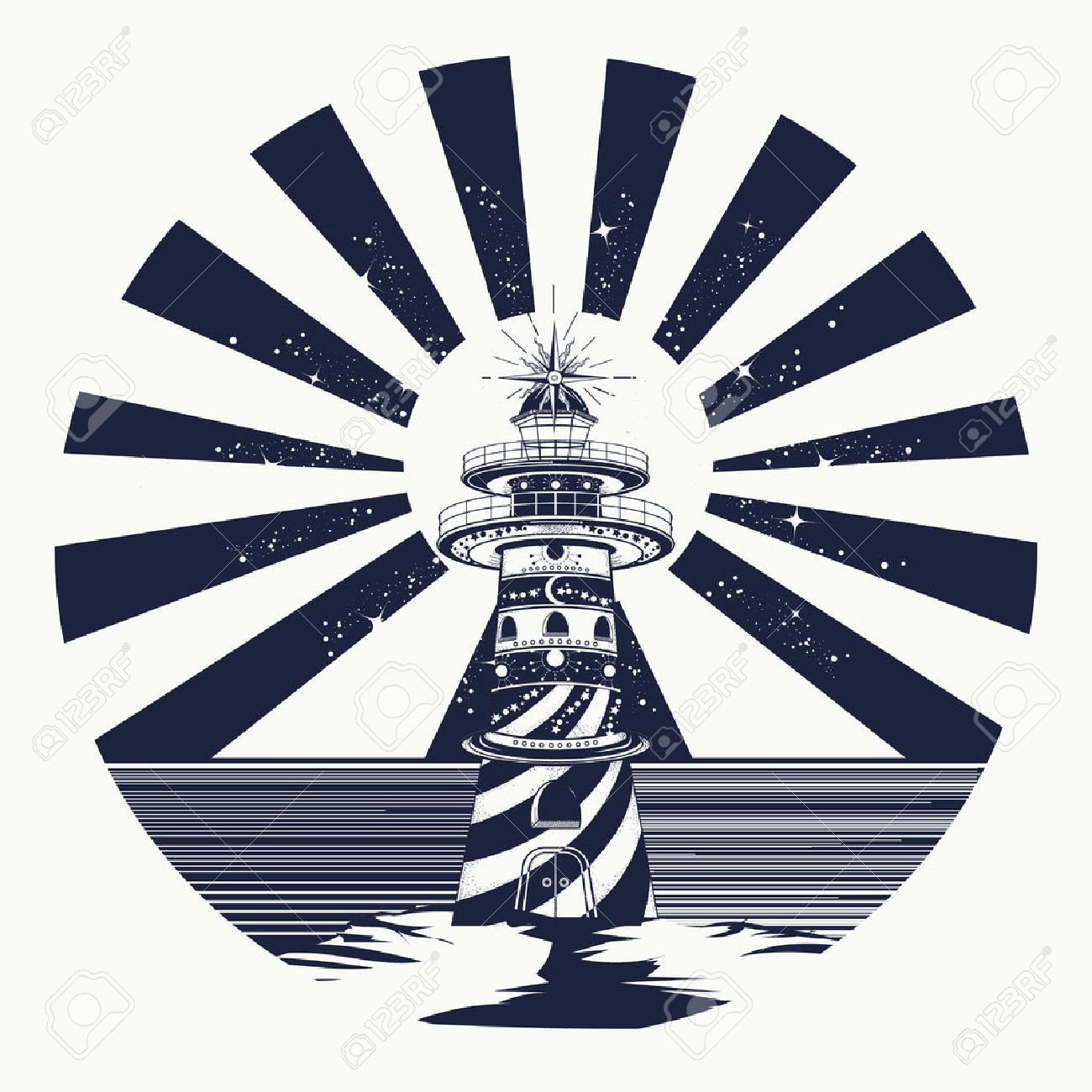 灯台の入れ墨の芸術 瞑想 ハイキング 冒険の象徴 灯台 海上航行指導のサーチライト タワー 自由奔放に生きるスタイル T シャツ デザイン灯台タトゥー テンプレート のイラスト素材 ベクタ Image 65996863