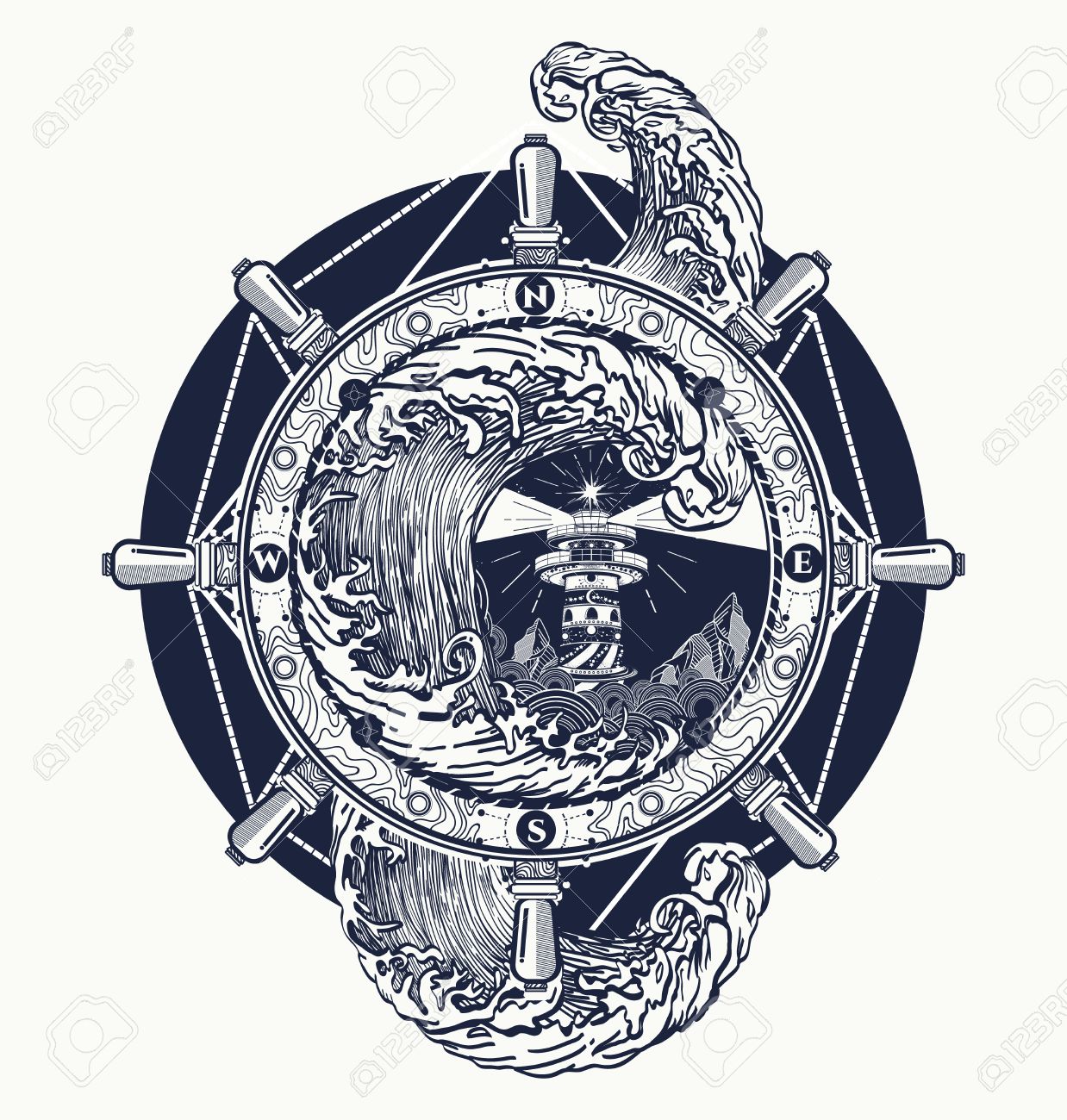 Steering wheel ship tatto art, sea tattoo and t-shirt design. Lighthouse storm. Decorative lighthouse. Searchlight tower for maritime navigational guidance tattoo. Ocean wave storm art - 66780174 Steering wheel ship tatto art, sea tattoo and t-shirt design. Lighthouse storm. Decorative lighthouse. Searchlight tower for maritime navigational guidance tattoo. Ocean wave storm art - 66780174