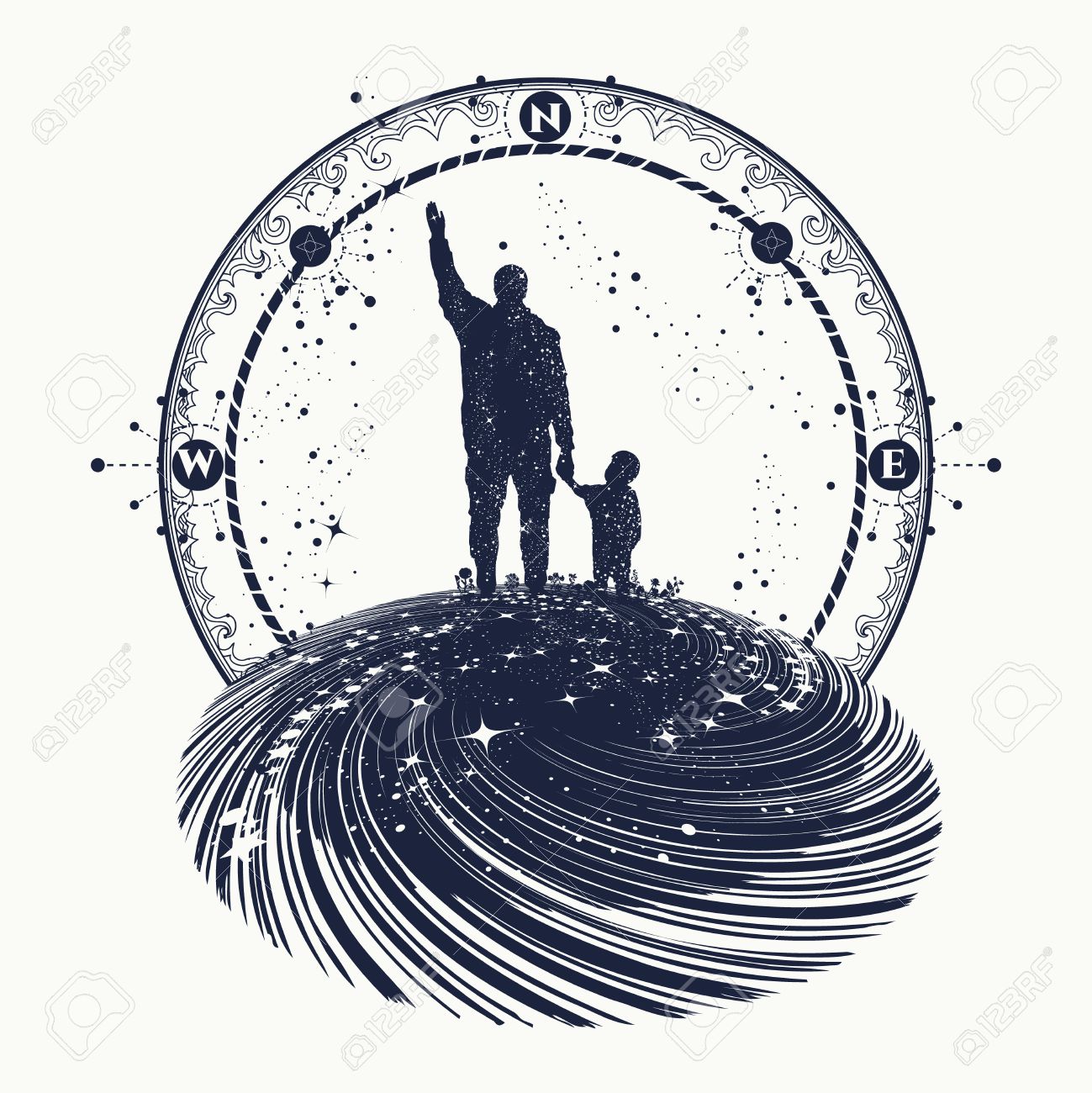 Father and son tattoo art. Happy family of the future. Father teaches son to dream, life education. Immortality of human life t-shirt design. Milky Way with silhouette of a family graphic tattoo - 67158637 Father and son tattoo art. Happy family of the future. Father teaches son to dream, life education. Immortality of human life t-shirt design. Milky Way with silhouette of a family graphic tattoo - 67158637