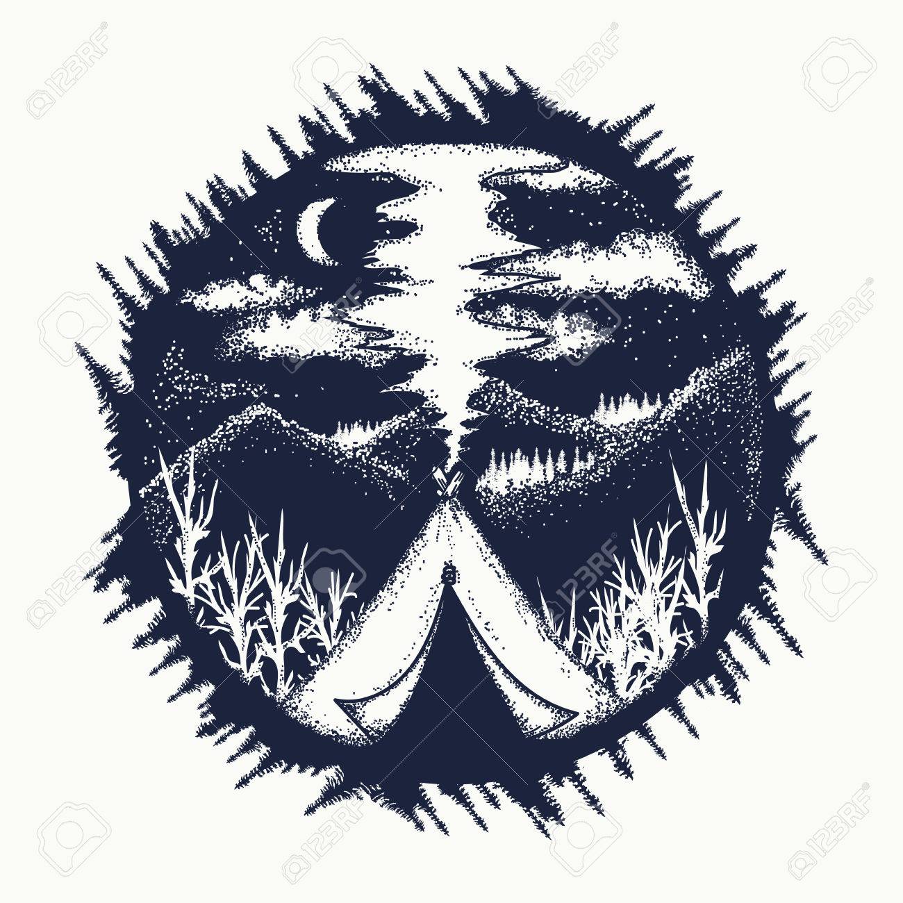 Tent in mountains tattoo art. Travel symbol, tourism, extreme sports, outdoor. Camping in the mountains moon night t-shirt design - 70188160 Tent in mountains tattoo art. Travel symbol, tourism, extreme sports, outdoor. Camping in the mountains moon night t-shirt design - 70188160