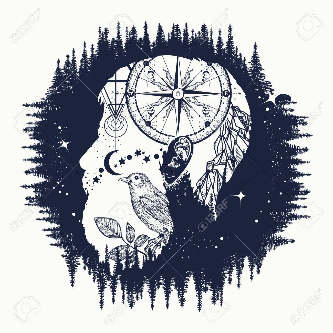 Hipster, double exposure tattoo art. Symbol travel, tourism, adventure. Portrait of hipster t-shirt design, compass, mountains, birds - 70188171 Hipster, double exposure tattoo art. Symbol travel, tourism, adventure. Portrait of hipster t-shirt design, compass, mountains, birds - 70188171