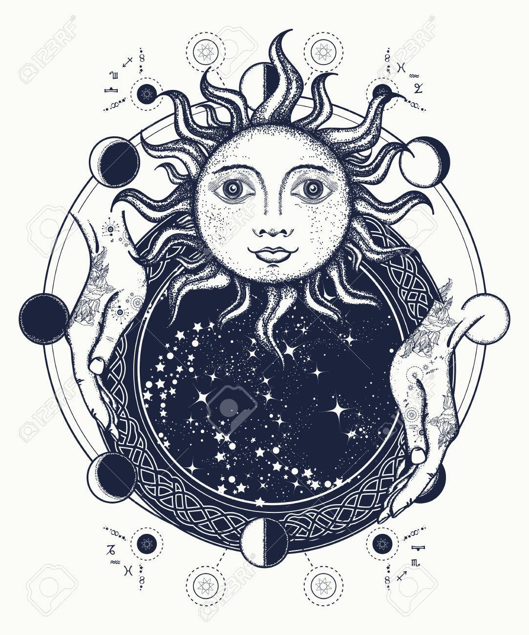 魔法の鏡の入れ墨の芸術 アンティークの太陽 フォーチュン テラー手 月の段階 マジック ミステリー Esoterics のシンボルです 太陽と月の段階中世 T シャツ デザイン のイラスト素材 ベクタ Image