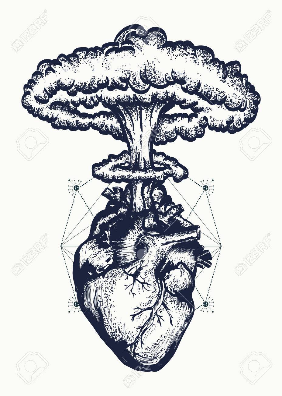 Heart and nuclear explosion tattoo art. Symbol of love, feelings, energy. Nuclear explosion of anatomical heart t-shirt design surreal graphic - 71509911 Heart and nuclear explosion tattoo art. Symbol of love, feelings, energy. Nuclear explosion of anatomical heart t-shirt design surreal graphic - 71509911