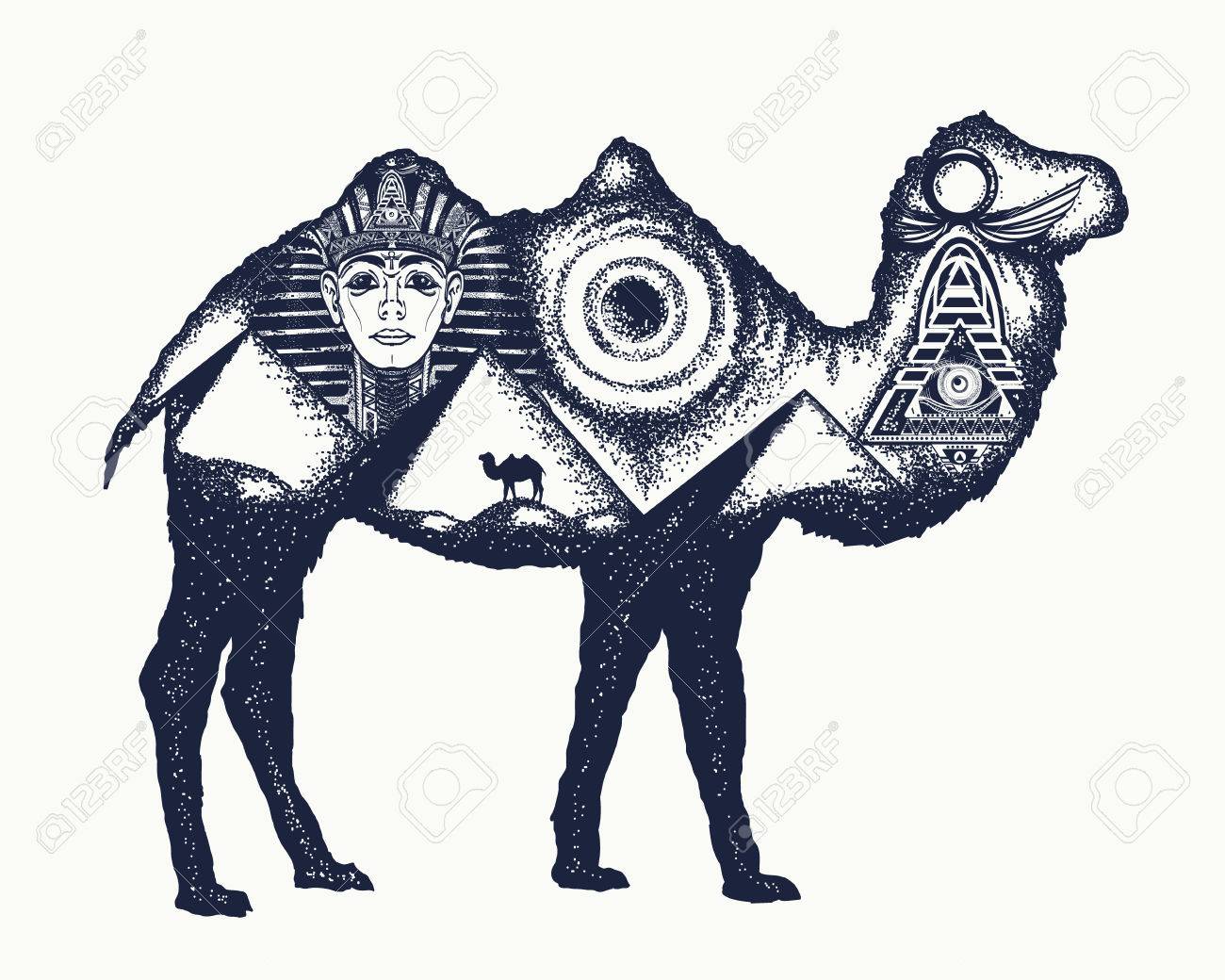Camel tattoo art. Ancient Egypt, Pharaoh, Ankh, Pyramid. Symbol of archeology, ancient civilizations. Camel double exposure animals - 72210436 Camel tattoo art. Ancient Egypt, Pharaoh, Ankh, Pyramid. Symbol of archeology, ancient civilizations. Camel double exposure animals - 72210436