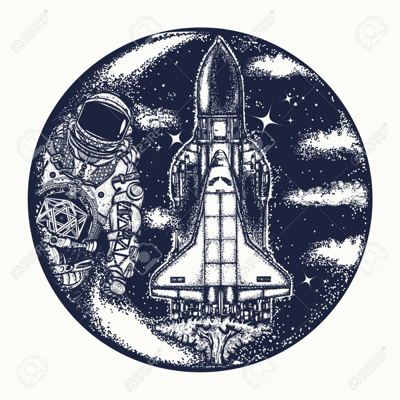 Space shuttle and astronaut tattoo art. Symbol of space travel, study of universe, flight to new galaxies. Spaceman and spaceship t-shirt design - 73149288 Space shuttle and astronaut tattoo art. Symbol of space travel, study of universe, flight to new galaxies. Spaceman and spaceship t-shirt design - 73149288
