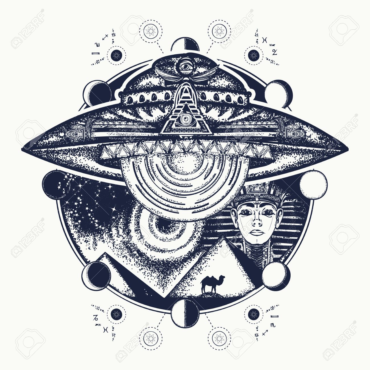 UFO and ancient Egypt tattoo art. Paleocontact concept. Symbol of contact with aliens, ancient astronauts. Spaceship over pyramids of Egypt t-shirt design - 73149290 UFO and ancient Egypt tattoo art. Paleocontact concept. Symbol of contact with aliens, ancient astronauts. Spaceship over pyramids of Egypt t-shirt design - 73149290